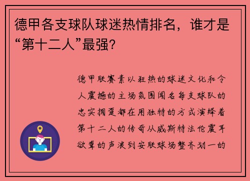 德甲各支球队球迷热情排名，谁才是“第十二人”最强？